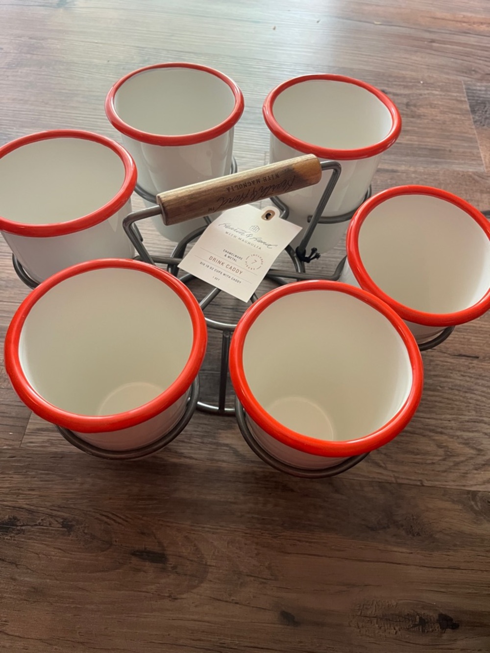Hearth & Hand White Enamel Cups with Red Rim and Metal Caddy